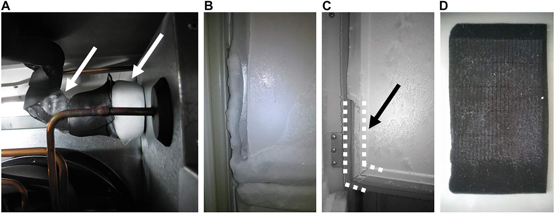 Figure 5: 
Examples of (A) damages on insulation resulting in ice formation, (B) iced seals on an inner door of an UTF, (C) damages to door seals (see dotted lines), and (D) dust on filters.
