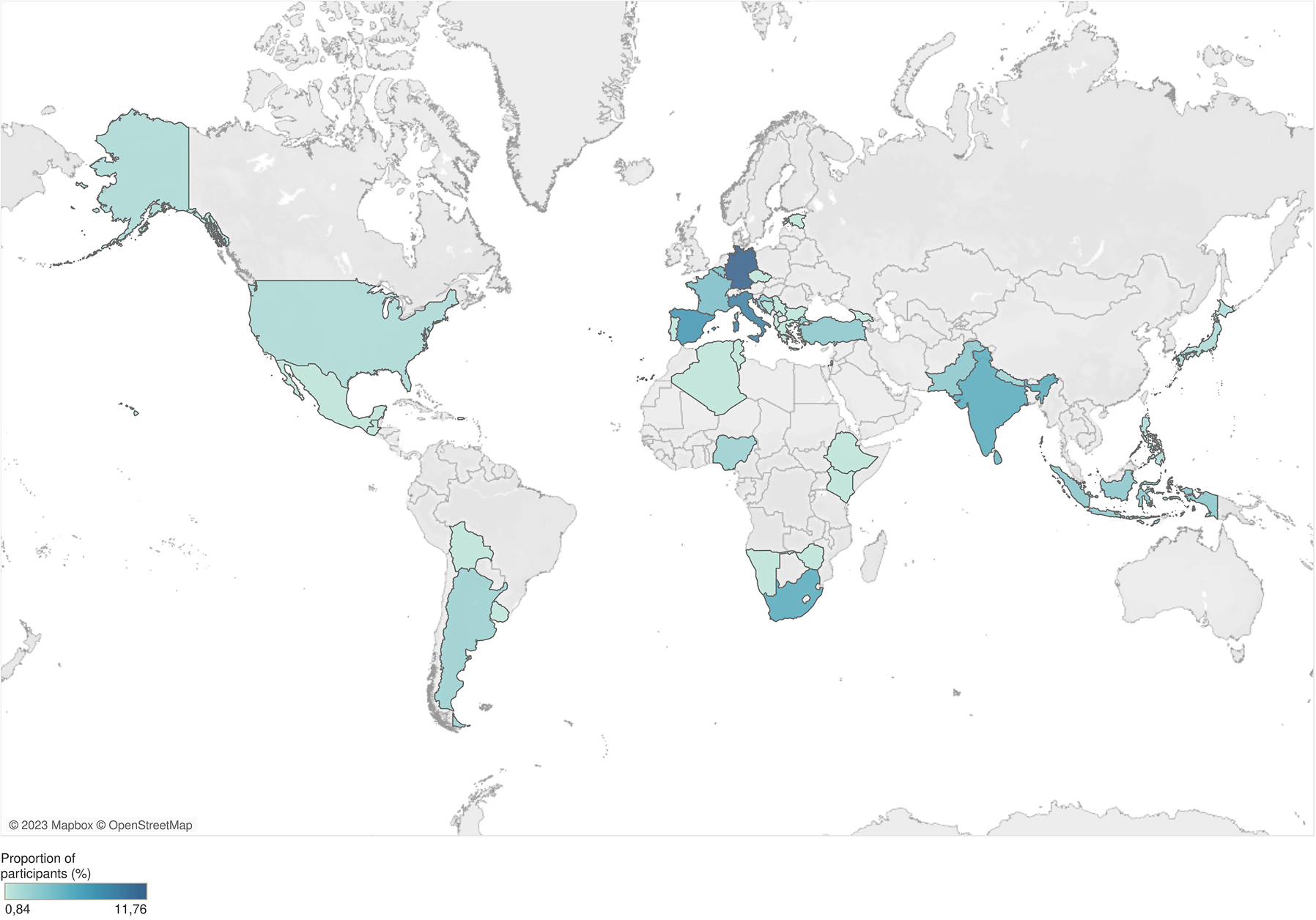 Figure 1: 
Countries of the participating young scientists. The depth of the blue color represents the proportion of participating YS to the total number of participating YS.