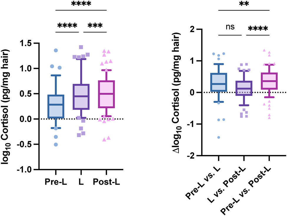 Figure 2: 
Box-and-whisker plots of cortisol concentrations: Left, distribution across pre-lockdown (Pre-L), lockdown (L), and post-lockdown (Post-L) segments; right, within-individual differences across the three periods (ANOVA with Tukey’s post hoc test).
