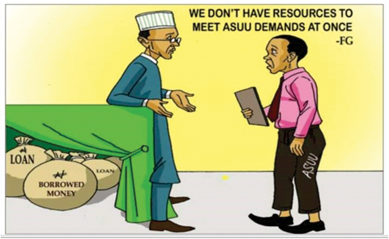 Figure 2: 
Showing FG/ASUU’s dialogue.
Source: Punch Newspaper, January 18, 2022 (https://ms-my.facebook.com/punchnewspaper/posts/cartoon-flakes/5131123650259089/).
