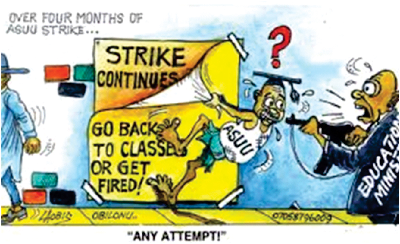 Figure 5: 
Showing ASUU’s insistence on strike and FG threat.
Source: Vanguard Newspaper, December 11, 2013 (https://www.vanguardngr.com/2013/12/elechi-calls-scrapping-asuu/).
