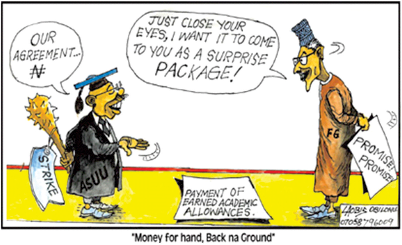 Figure 6: 
Showing FG’s schemes and ASUU’s supposed corrective tool.
Source: Vanguard, November 11, 2017 (https://www.vanguardngr.com/2017/11/buhari-asuu-promises/).
