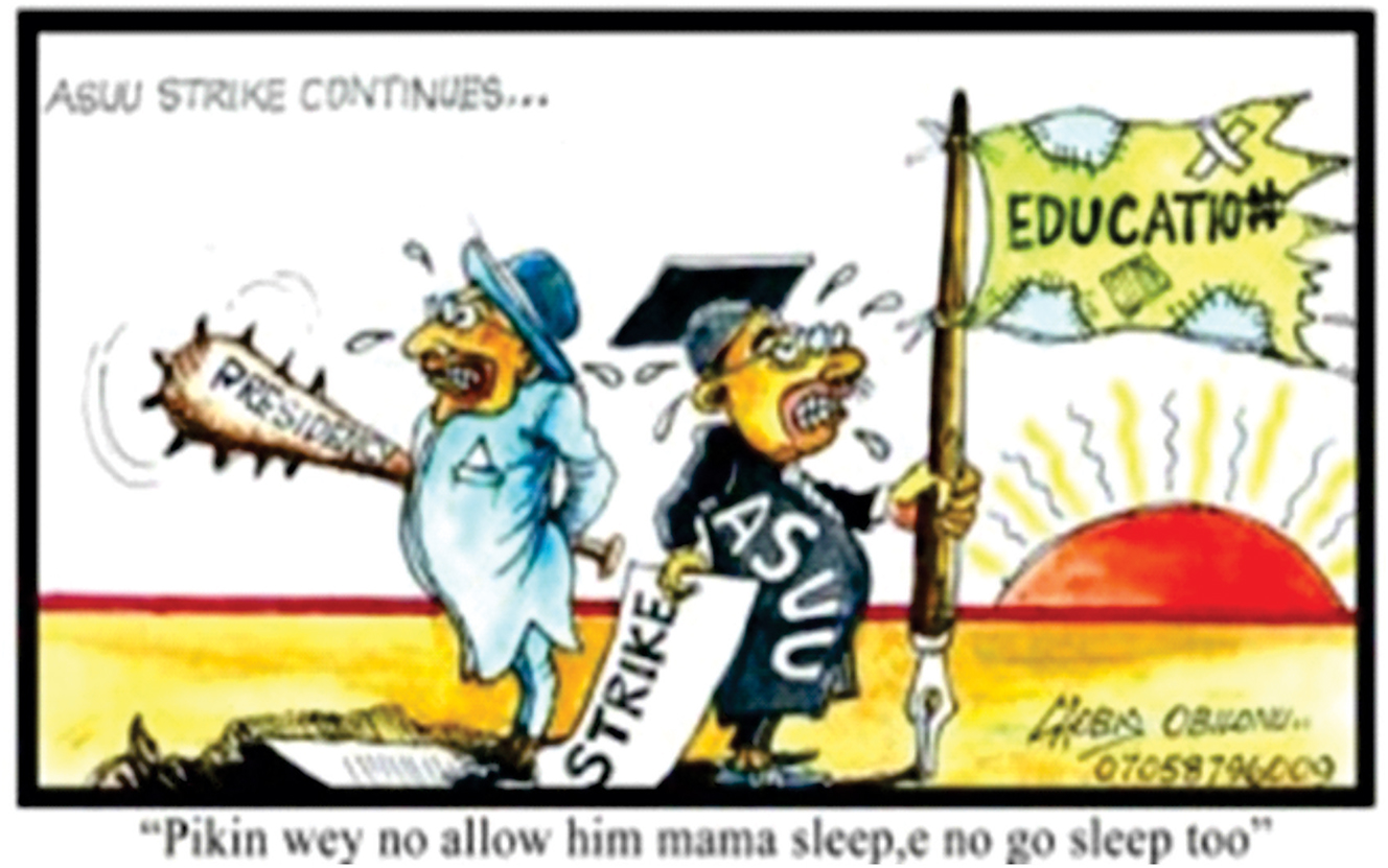Figure 7: 
Showing outwitting of ASUU by FG.
Source: Encomium.ng (October 3, 2013) (http://encomium.ng/nigerians-creative-jokes-on-asuu-strike/asuu-strike-cartoon/).
