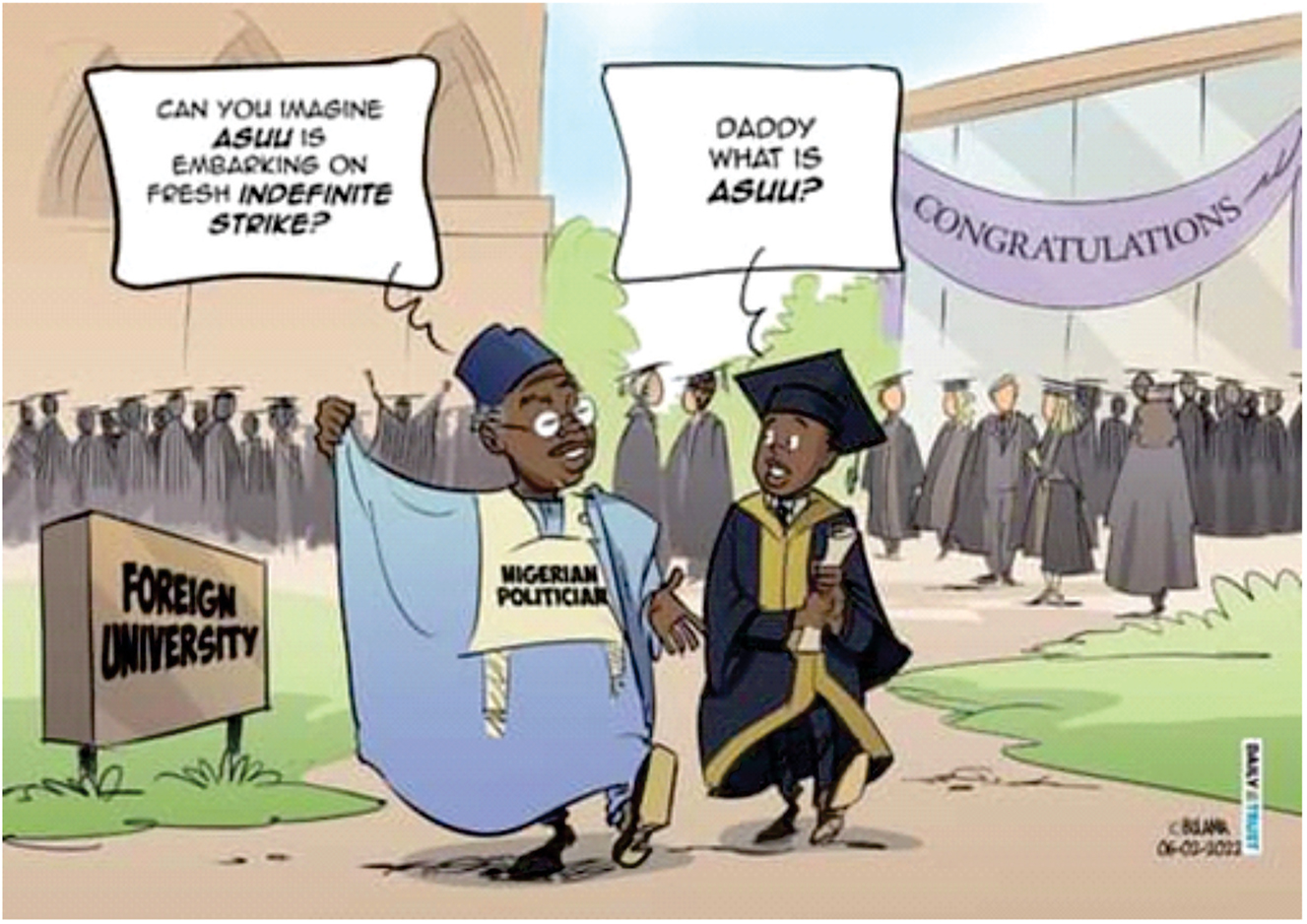 Figure 8: 
Showing conversation between father and son in a foreign Institution.
Source: Opinion Nigeria February 8, 2022. https://www.opinionnigeria.com/as-asuu-strike-looms-who-is-to-blame-for-playing-with-our-future-by-abdulrasaq-isiaq-mustapha/.
