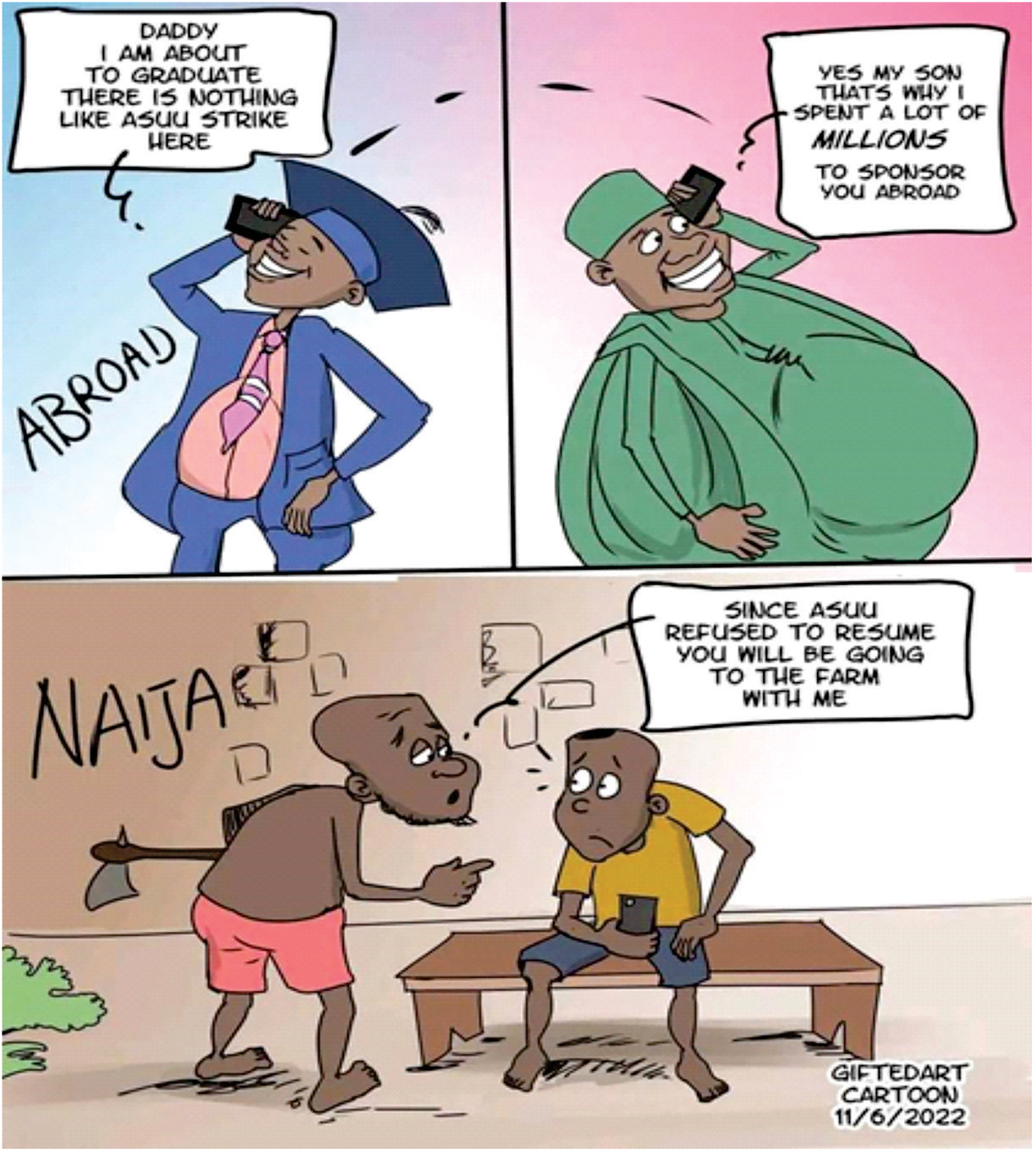 Figure 9: 
Showing conversations in two different Nigerian families.
Source: Nairaland.com, June 23, 2022 (https://www.nairaland.com/7172332/nigeria-state-nation-cartoons/5).
