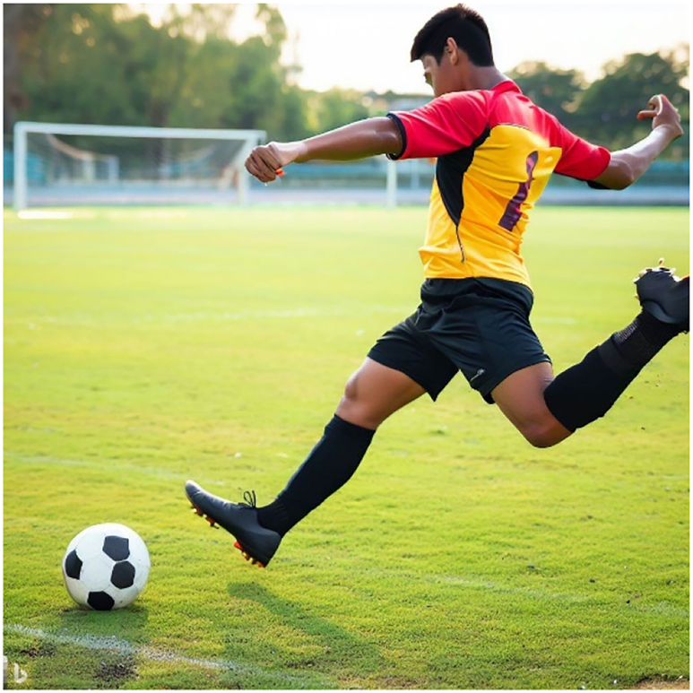 Figure 1: 
A visual narrative structure generated based on the textual prompt “a football player shooting a ball with their foot”.
