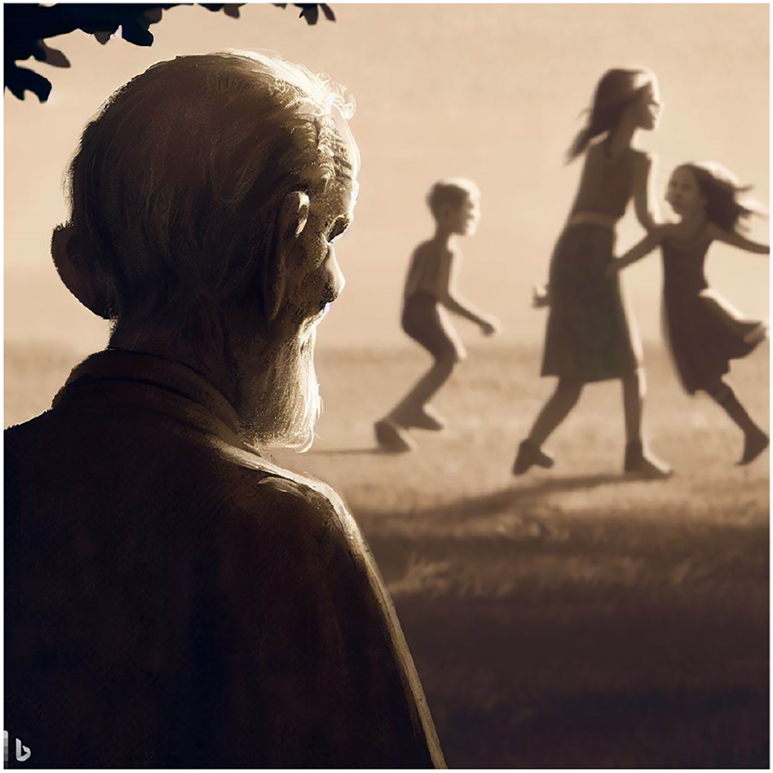 Figure 2: 
Visual reacter and phenomenon generated based on the textual prompt “an image depicting an elderly man looking at a group of children playing”.
