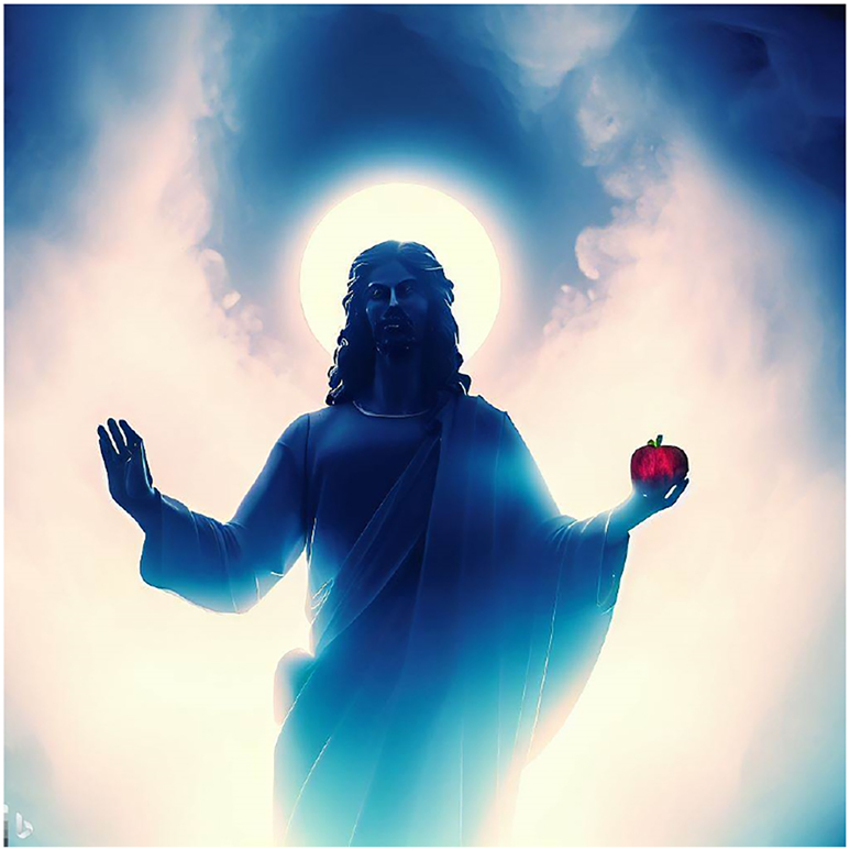Figure 4: 
A symbolic visual representation generated based on the textual prompt “Jesus with an apple in his hand, standing within a heavenly silhouette. Surround his head with a radiant hue of light, evoking a divine aura”.

