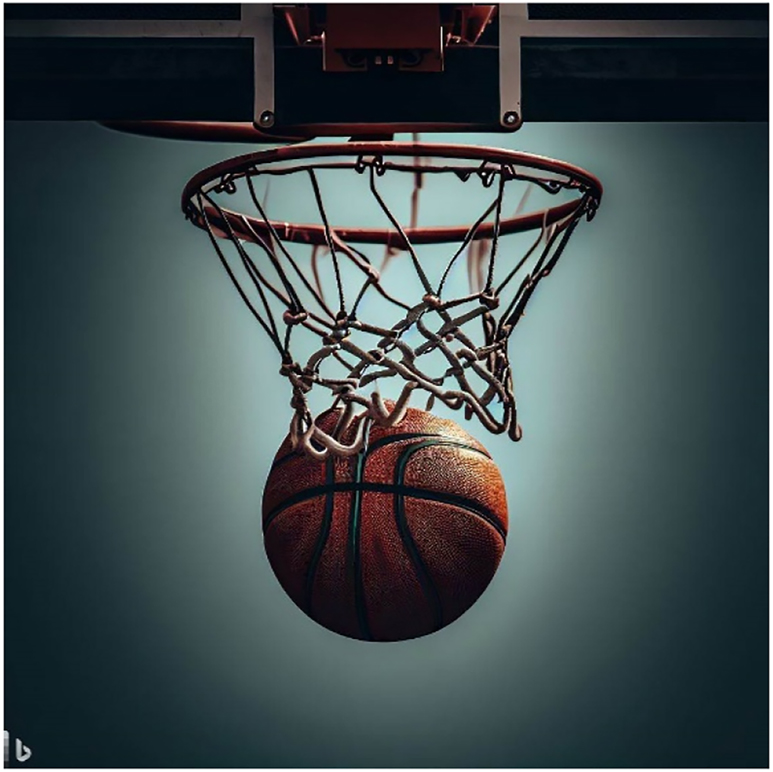 Figure 7: 
Visual representation of “the basketball was dunked into a hoop”.
