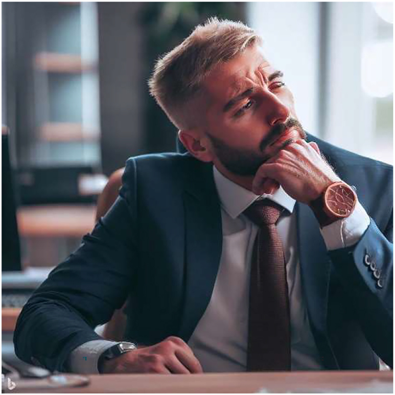 Figure 12: 
Visual rendition of “a tired manager of a company with a suit and tie and wristwatch worn casually with a tired face in his work place”.
