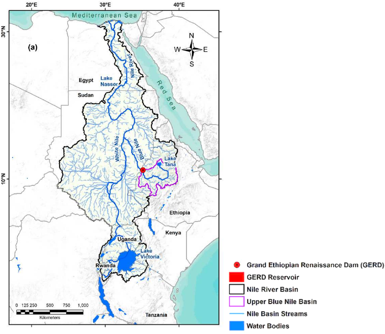 Figure 1: 
Spatial distribution of the Nile River within the Nile River basin and location of GERD, major lakes, and the Upper Blue Nile (UBN) sub-basin (Kamara et al. 2022: 2).
