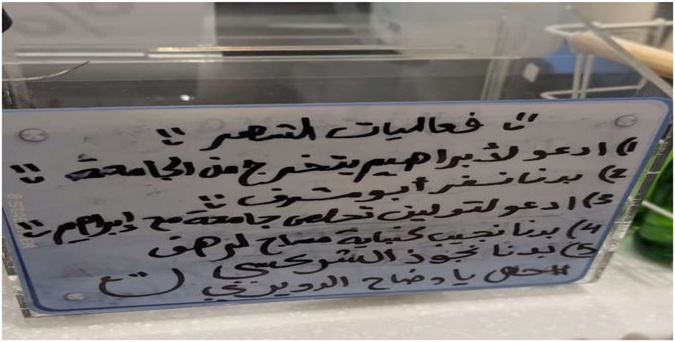 Figure 3: 
Messages written on a tip box in Arabic.(فعاليات الشهر)1-ادعو لابراهيم يتخرج من الجامعه2-بدنا نسفر أبو مشرف3-ادعو ل تولين تخلص جامعه مع ابراهيم4-بدنا نجيب كنباية مساج ل رهف5 بدنا نجوز الشركسي# حلل يا وضاح الدويري.
