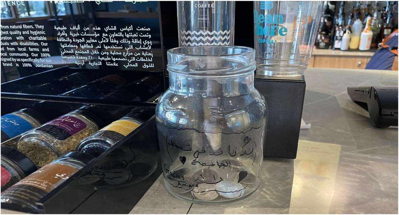 Figure 4: 
A message on a tip box written in Arabic (بدنا ندفع قسط الجامعة) ‘We want to pay tuition fee for the university’.
