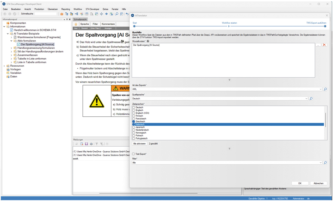Abb. 7 
            Beispieloberfläche „ST4 AI Translator“ (© Quanos 2025).