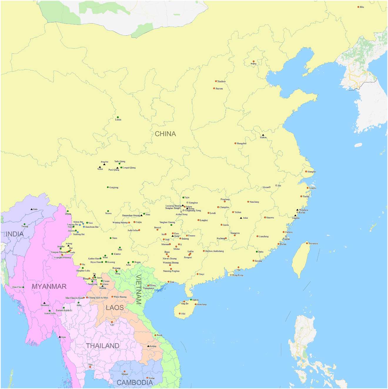 Map 1:
Locations of 134 languages in extended sample.