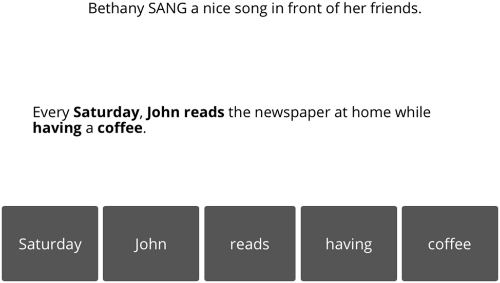 Figure 1: 
Example of a trial in the Sentence Pairs test. The correct answer for this trial is reads.
