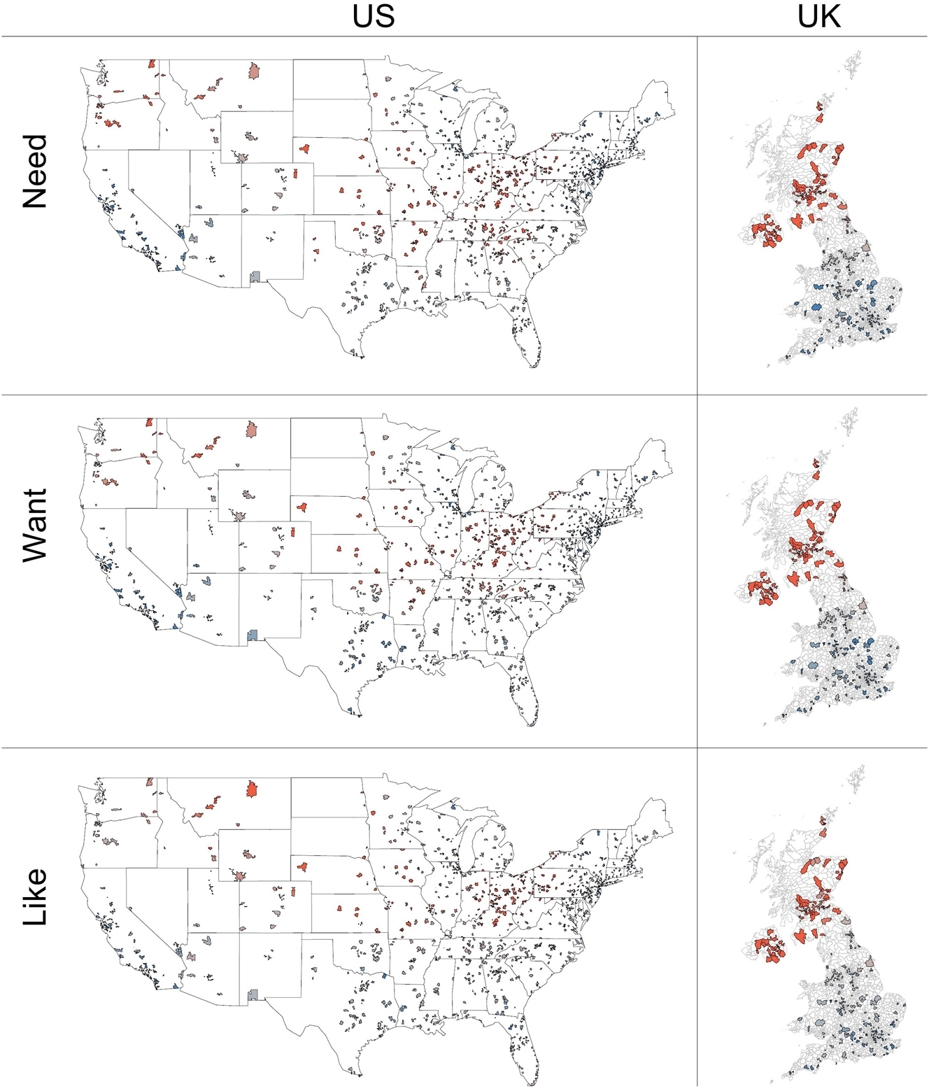 Figure 6:
Hotspot analysis of need, want, and like in the US and UK.