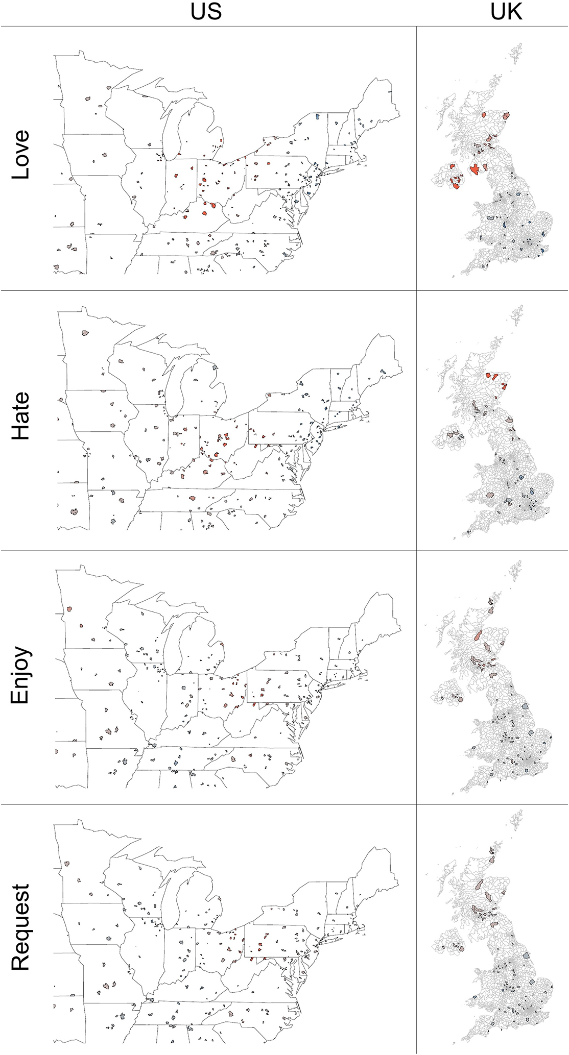 Figure 7:
Hotspot analysis of love, hate, and enjoy, and request in the US and UK.
