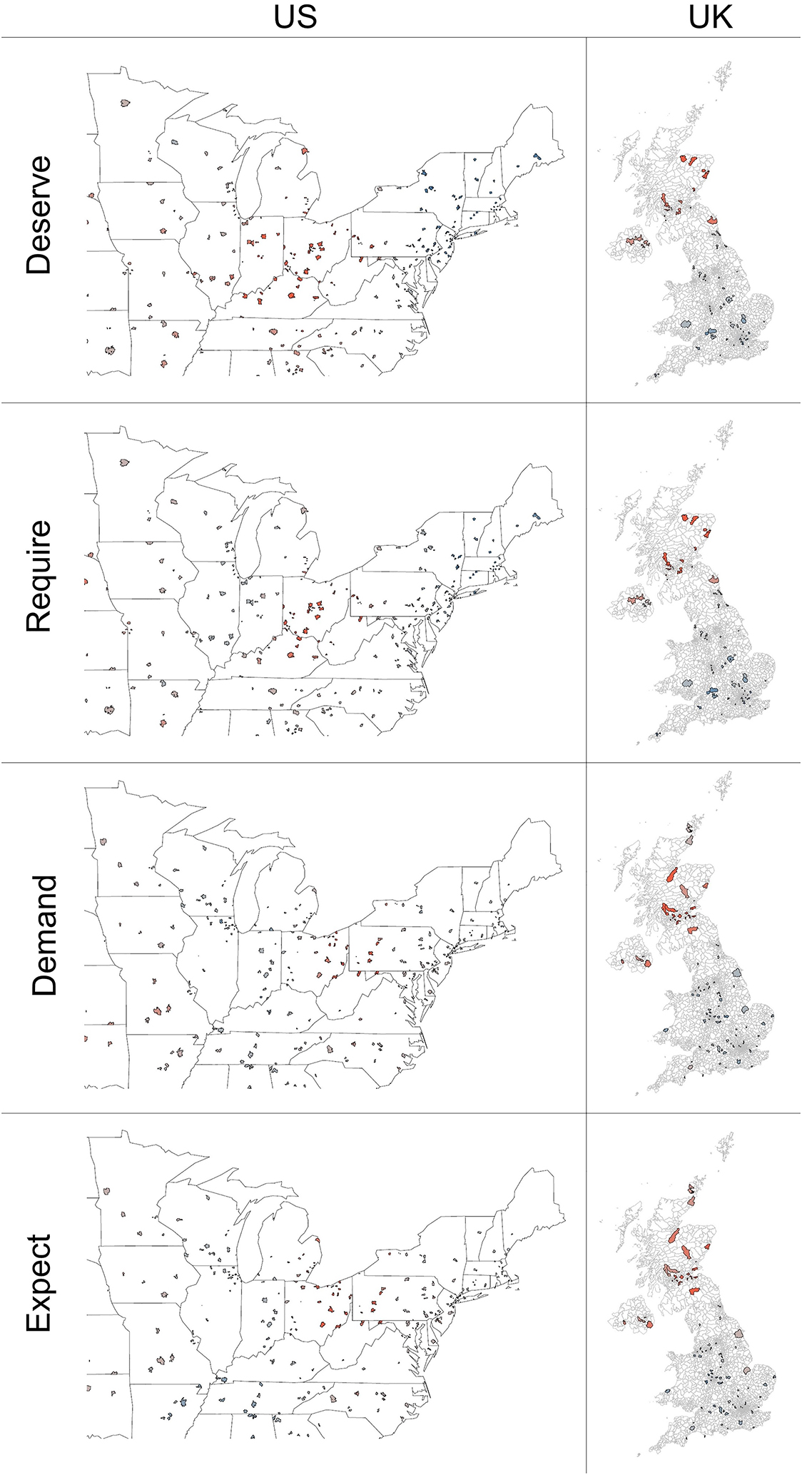 Figure 8:
Hotspot analysis of deserve, require, demand, and expect in the US and UK.