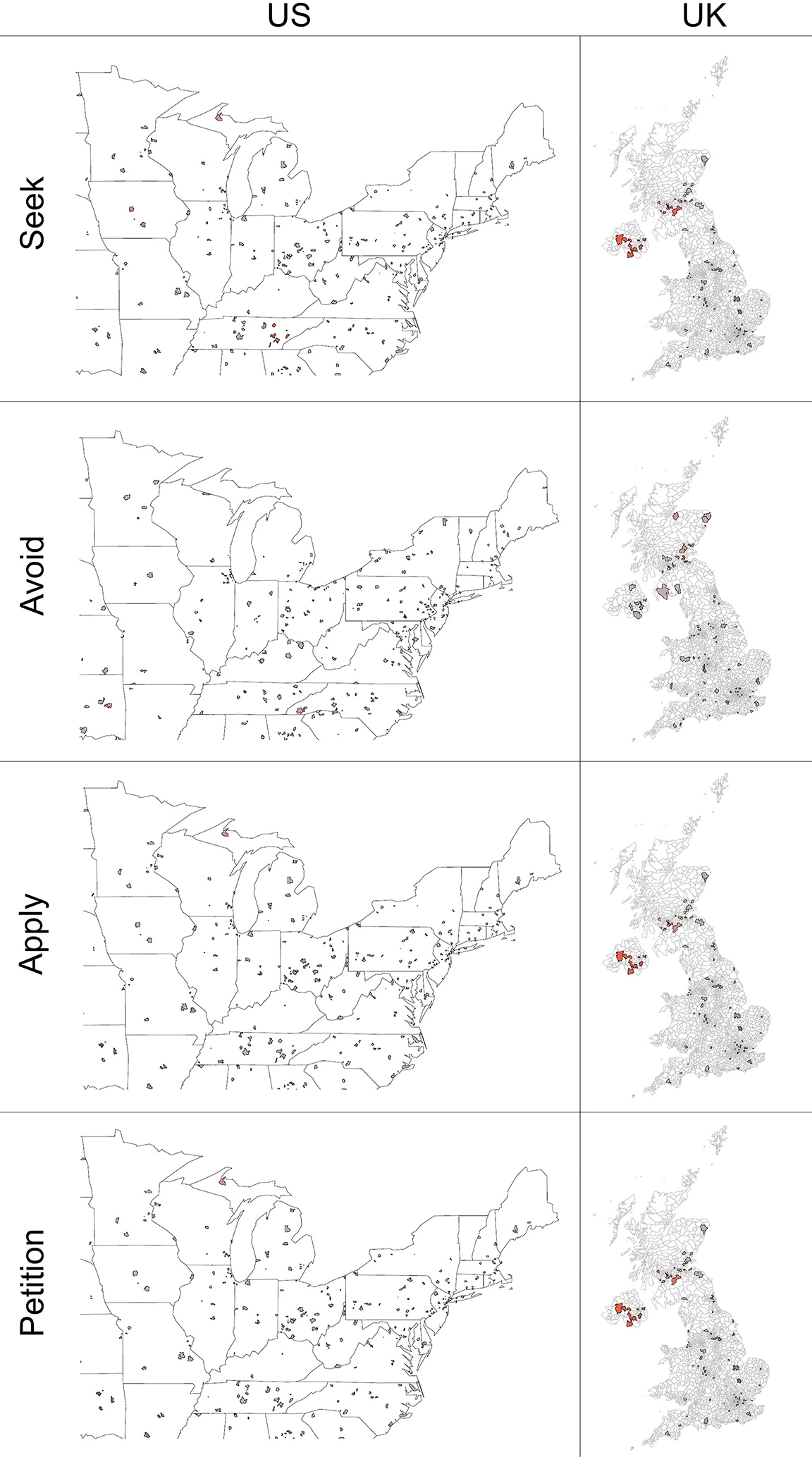 Figure 10:
Hotspot analysis of seek, avoid, apply, and petition in the US and UK.