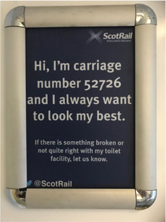 Figure 1: Photograph of a notice in the toilet of a carriage in a ScotRail train (author’s photograph, 2018).