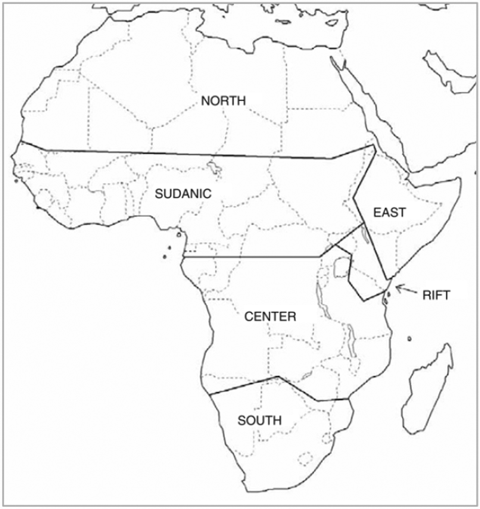 Figure 2: Macro-areas of Africa (Clements & Rialland 2008: 37).