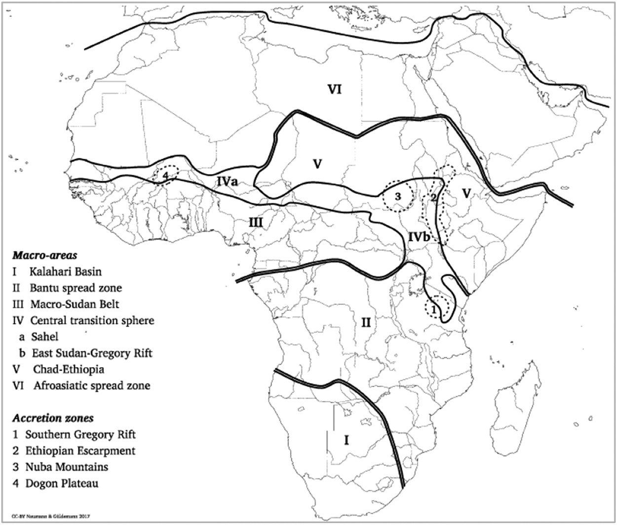 Figure 4: Macro-areas and accretion zones of Afrabia (Güldemann 2018b: 473).
