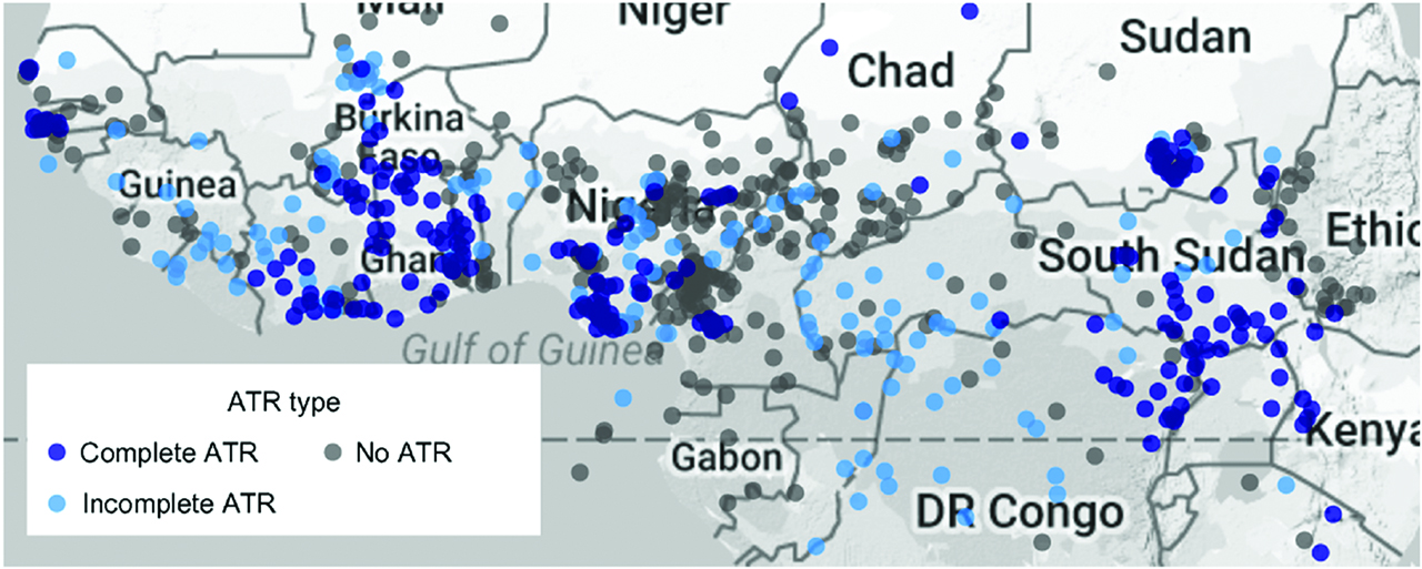 Figure 8: Areal distribution of ATR in our survey (Complete ATR (n = 217), Incomplete ATR (n = 142), No ATR (n = 322)).