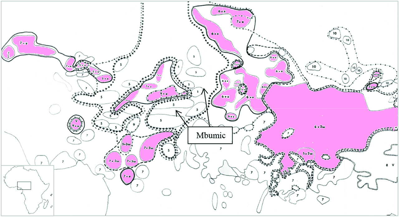 Figure 13: Map of interior vowels in Niger-Congo and Nilo-Saharan – Thomas et al. (1973: 136).