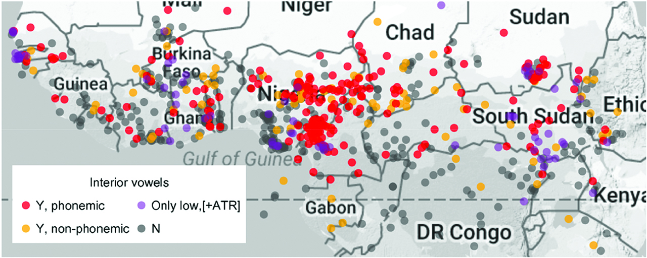 Figure 14: Geographic distribution of interior vowels in Macro-Sudan Belt.