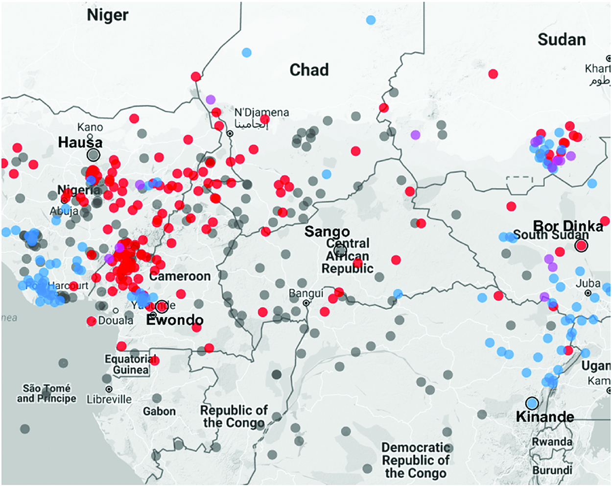 Figure 17: Central Africa – strict ATR by strict interiority (blue = ATR, red = interiority, purple = both, gray = neither).