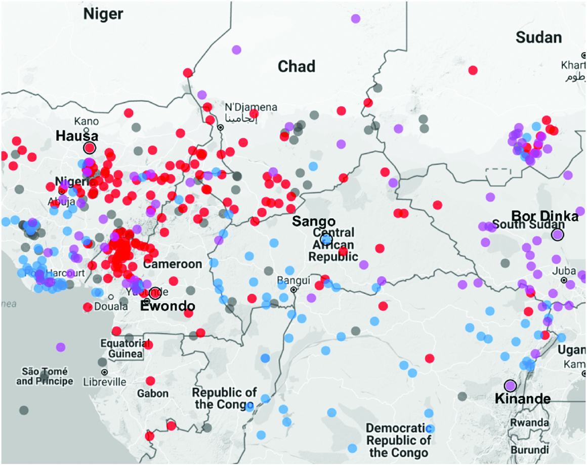 Figure 18: Central Africa – liberal ATR by liberal interiority (blue = ATR, red = interiority, purple = both, gray = neither).