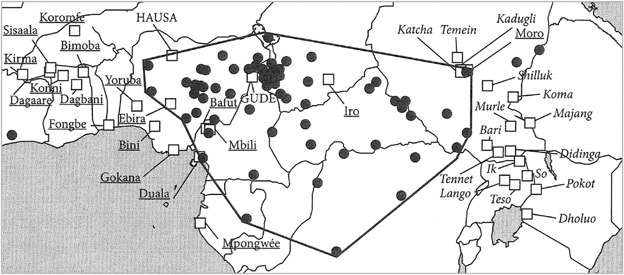Figure 21: Order of verb and negative among VO languages in Central Africa (Dryer 2009: 323) (black circles are VO languages with V-Neg order, dilineated with solid line; white squares are VO languages with Neg-V order).
