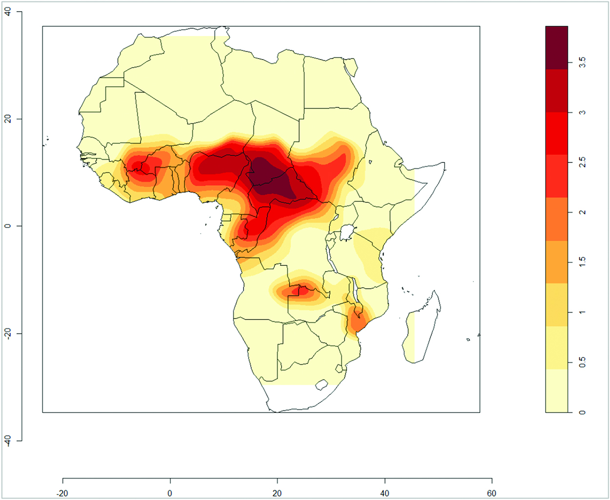 Figure 22: Distribution of clause-final negative markers in Africa (using Gaussian kernel smoothing, the default bandwidth value adjusted by 1.3) (Idiatov 2018: 139).
