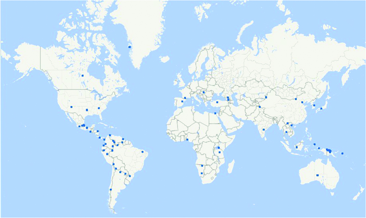 Figure 1: Distribution map of sample languages. Longitude and latitude of each language were retrieved from Glottolog 3.0 (Hammarström et al. 2017). Map created with Microsoft Excel 2016.