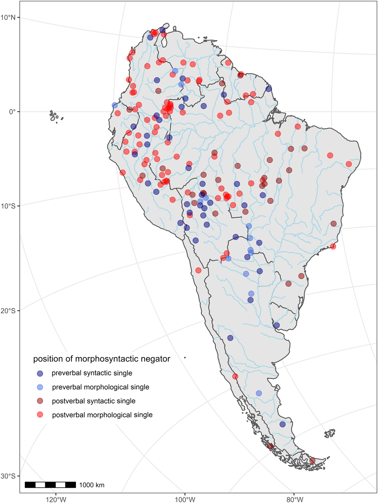 Figure 5:
Distribution of four major negation strategies in South America (Azimuthal Equidistant projection). Note that this map only includes languages with single negation that have only one negation strategy, thus leaving aside languages with asymmetric dual patterning and those with mixed negation. The number of languages included on the map amounts to 174, distributed as follows: postverbal morphological negation (89 languages), preverbal syntactic (42), postverbal syntactic (30), and preverbal morphological (13).