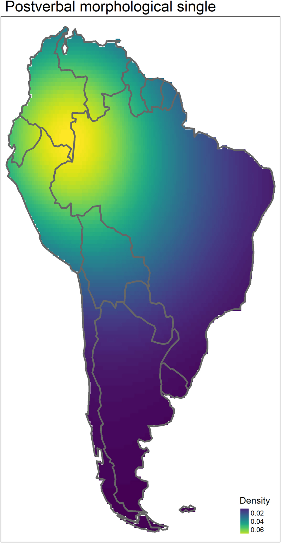 Figure 6:
Kernel density map for the postverbal morphological single pattern. Yellow color indicates the highest density and blue color indicates the lowest density. Densities are given in number of points per square kilometer, multiplied by 104 to increase readability. The map is in Eckert IV global equal area projection (cell size ∼2200 km2). Models were fitted using a Gaussian kernel function (for maps created using a quartic kernel function, see Appendix 3).