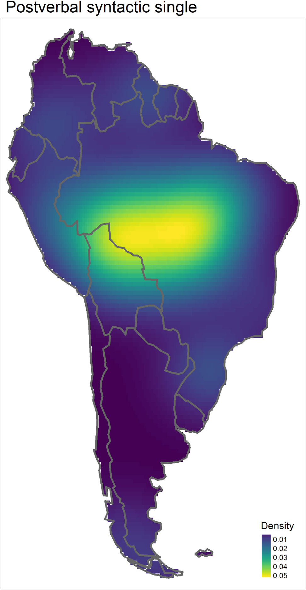 Figure 7:
Kernel density map for the postverbal syntactic single pattern. Yellow color indicates the highest density and blue color indicates the lowest density. Densities are given in number of points per square kilometer, multiplied by 104 to increase readability. The map is in Eckert IV global equal area projection (cell size ∼2200 km2). Models were fitted using a Gaussian kernel function (for maps created using a quartic kernel function, see Appendix 3).
