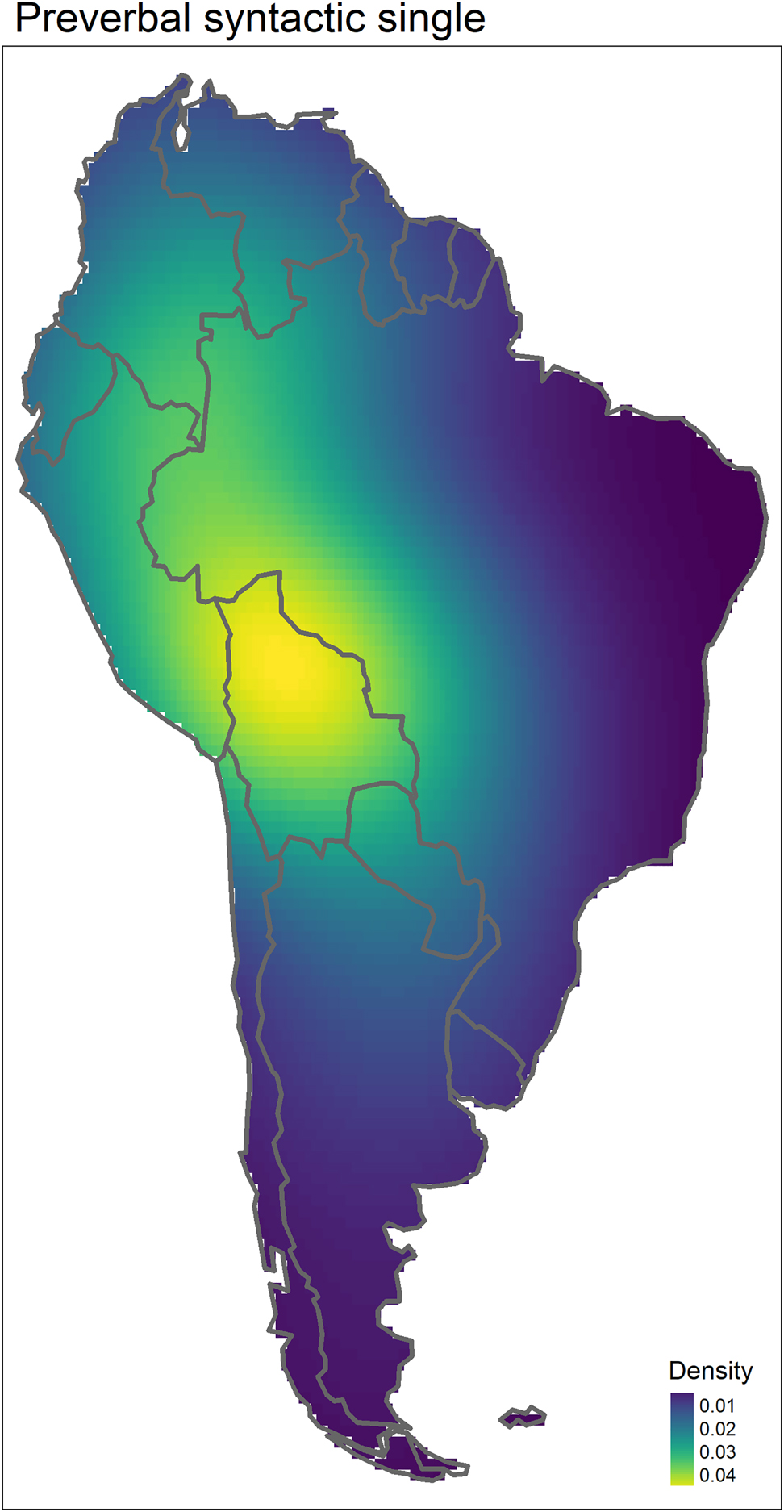 Figure 8:
Kernel density map for the preverbal syntactic single pattern. Yellow color indicates the highest density and blue color indicates the lowest density. Densities are given in number of points per square kilometer, multiplied by 104 to increase readability. The map is in Eckert IV global equal area projection (cell size ∼2200 km2). Models were fitted using a Gaussian kernel function (for maps created using a quartic kernel function, see Appendix 3).