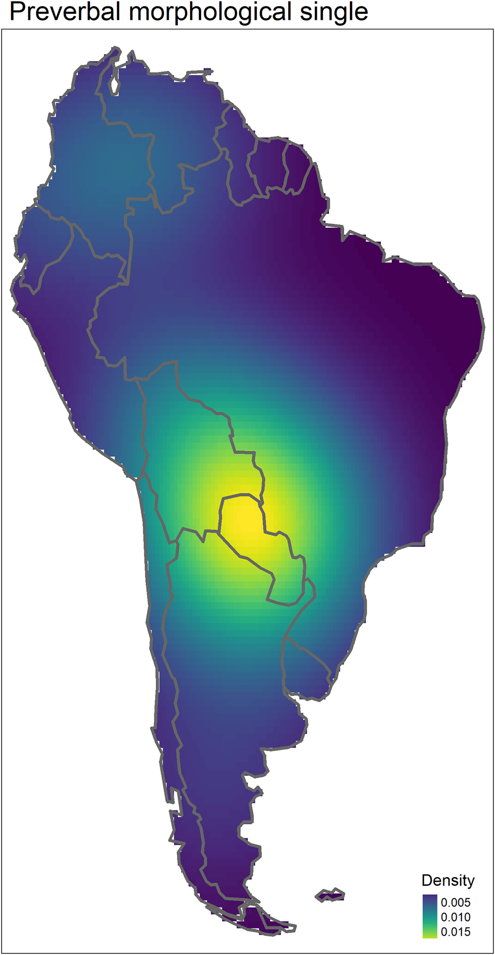 Figure 9:
Kernel density map for the preverbal morphological single pattern. Yellow color indicates the highest density and blue color indicates the lowest density. Densities are given in number of points per square kilometer, multiplied by 104 to increase readability. The map is in Eckert IV global equal area projection (cell size ∼2200 km2). Models were fitted using a Gaussian kernel function (for maps created using a quartic kernel function, see Appendix 3).