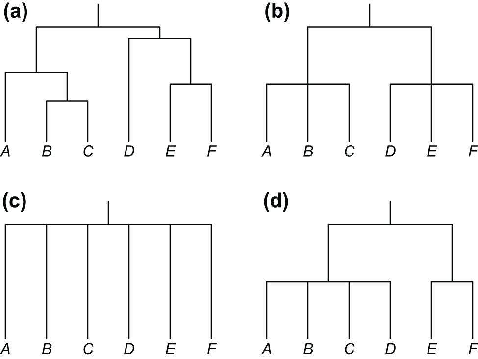 Figure 2: 
Four phylogenies of six languages: (a) with detailed branch lengths and topology (nesting structure), (b) with less detail, (c) a star phylogeny (rake phylogeny), (d) an alternate phylogeny with little detail.