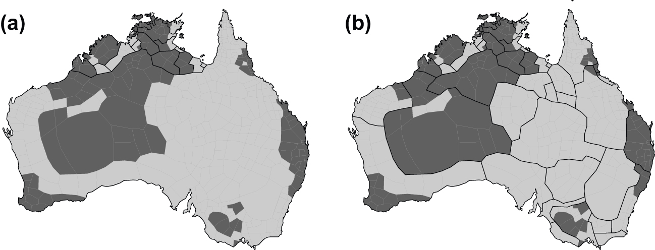 Figure 5: 
The distribution of the presence (light) and absence (dark) of a laminal place of articulation contrast in Australian languages. Dark lines indicate (a) language family boundaries, (b) major subgroups of Pama-Nyungan also.