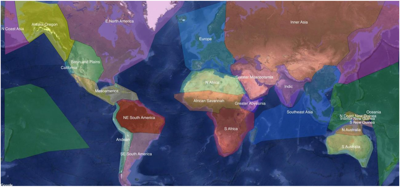 Figure 1: 
The 24 Autotyp Areas (Bickel et al. 2017, used under CC-BY 4.0 license).
