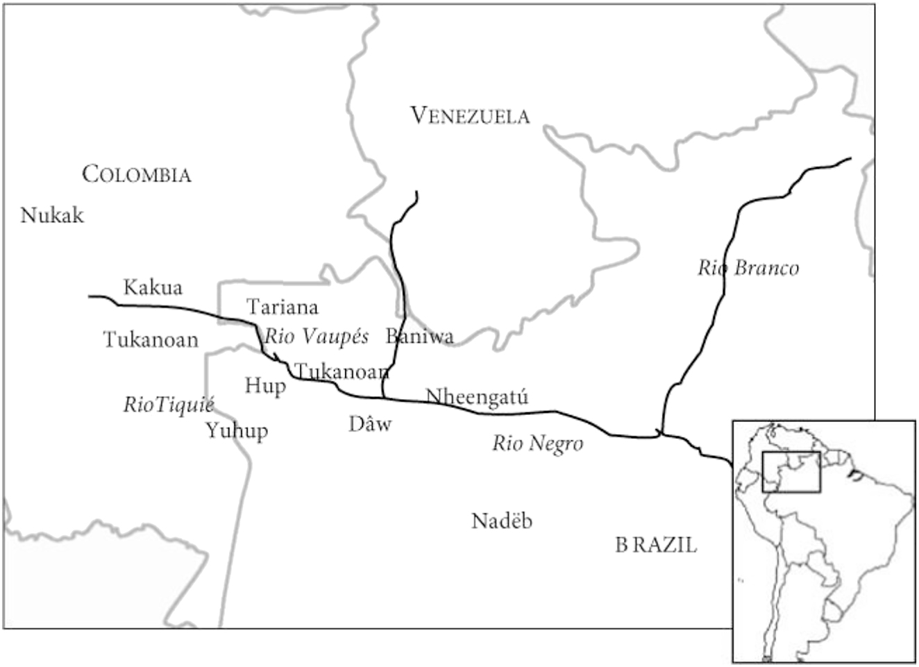 Figure 3: 
The Naduhup languages with respect to the other languages of the Vaupes region. Map taken from Epps (2013: 333), available Open Access. Scale: 1 cm–100 km (our estimate).
