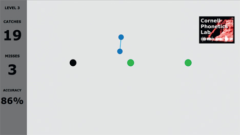 Movie 3 Demonstration of QuickLips gameplay. The speaker attempts to catch each ball with the line between their open lips. The line discharges after half a second when the lips are open