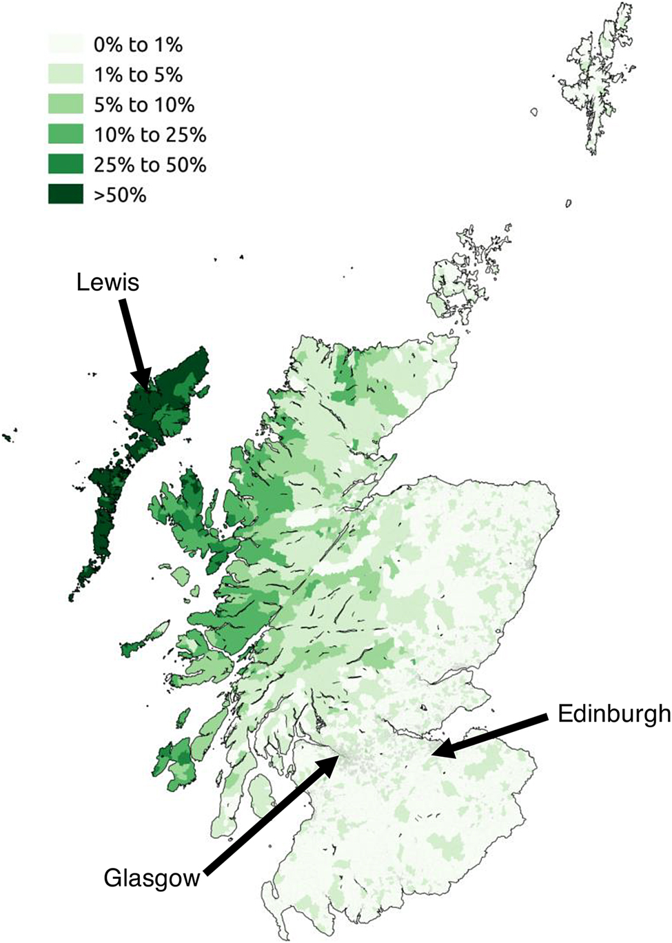 Figure 2: 
Location and density of Gaelic speakers in Scotland according to the 2011 UK Census. Attribution: SkateTier (https://commons.wikimedia.org/wiki/). Licensed under https://creativecommons.org/licenses/by-sa/3.0/legalcode. Location labels added by Claire Nance.