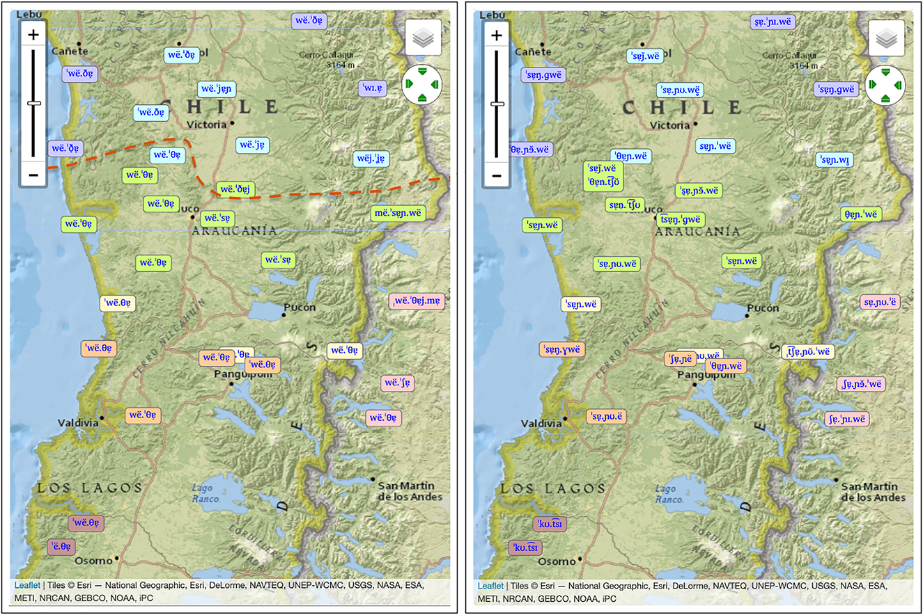 Figure 5: 
Pronunciations of weda ‘bad’ (left, fricative voicing isogloss superimposed) and sañwe ‘pig’ (right, from Spanish saín ‘animal fat’ + the instrumental suffix -we), in the sounds comparisons: Mapudungun database.
