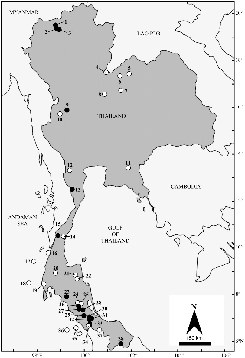 Figure 1 Localities in Thailand from which Kerivoula specimens were examined; black symbols for visited localities; open symbols for museum specimens. For detail of location see Appendix 1.