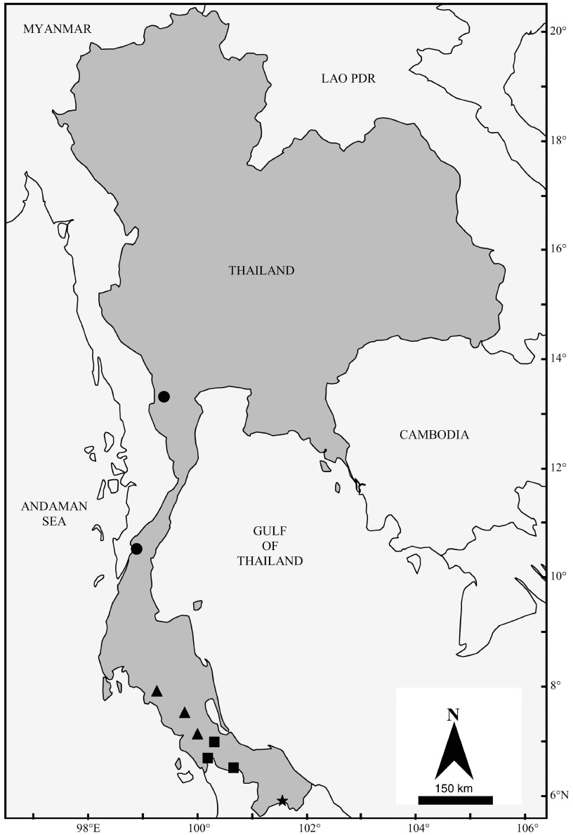 Figure 10 Distribution map of K. papillosa (sensu lato) in Thailand. Black squares: K. papillosa A, black circles: K. papillosa B, black triangles: K. papillosa C and black star: location where the three taxa are found sympatrically.