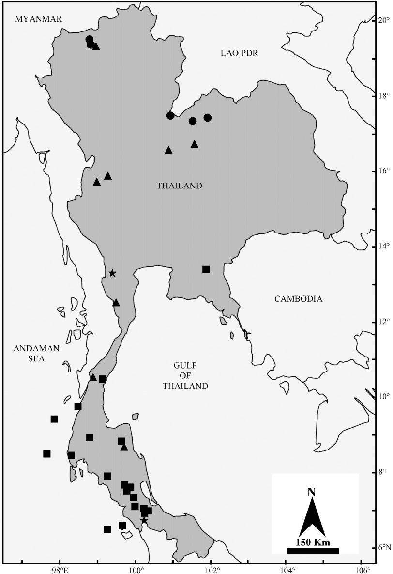 Figure 11 Distribution map of K. hardwickii (sensu lato) in Thailand. Black triangles: K. hardwickii A, black circles: K. hardwickii B, black squares: K. hardwickii C and black stars: locations where K. hardwickii A and K. hardwickii C are found sympatrically.